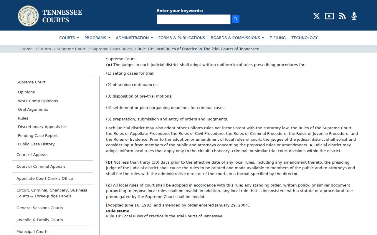 Grainger County court schedule Tennessee local rules source