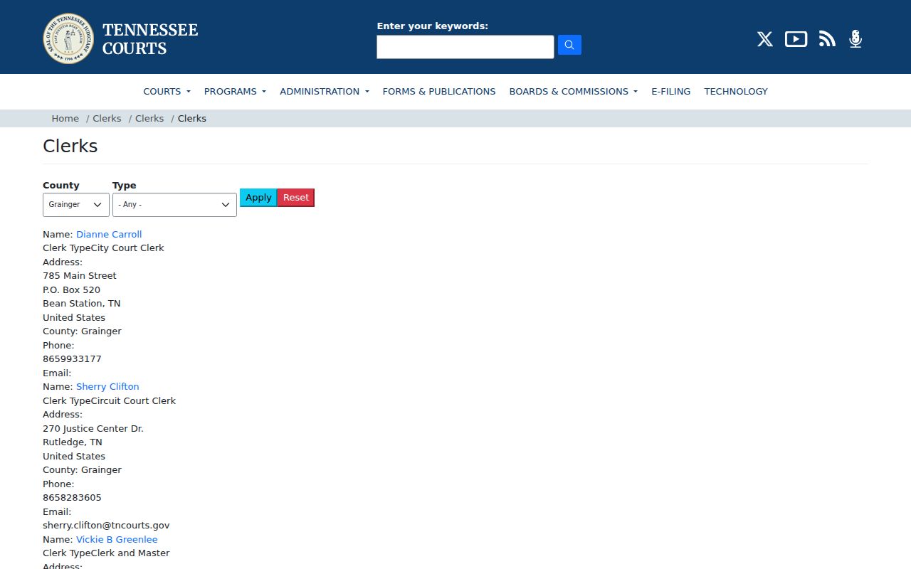 Grainger County court docket official clerk directory