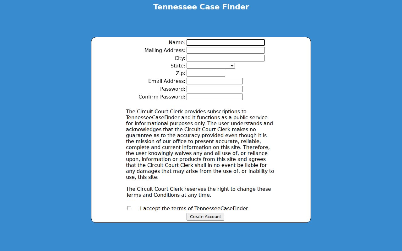 Grainger County docket search Tennessee Case Finder subscription screen