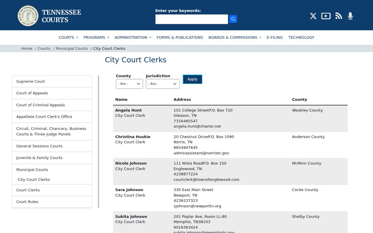 Rutledge court records municipal clerk directory