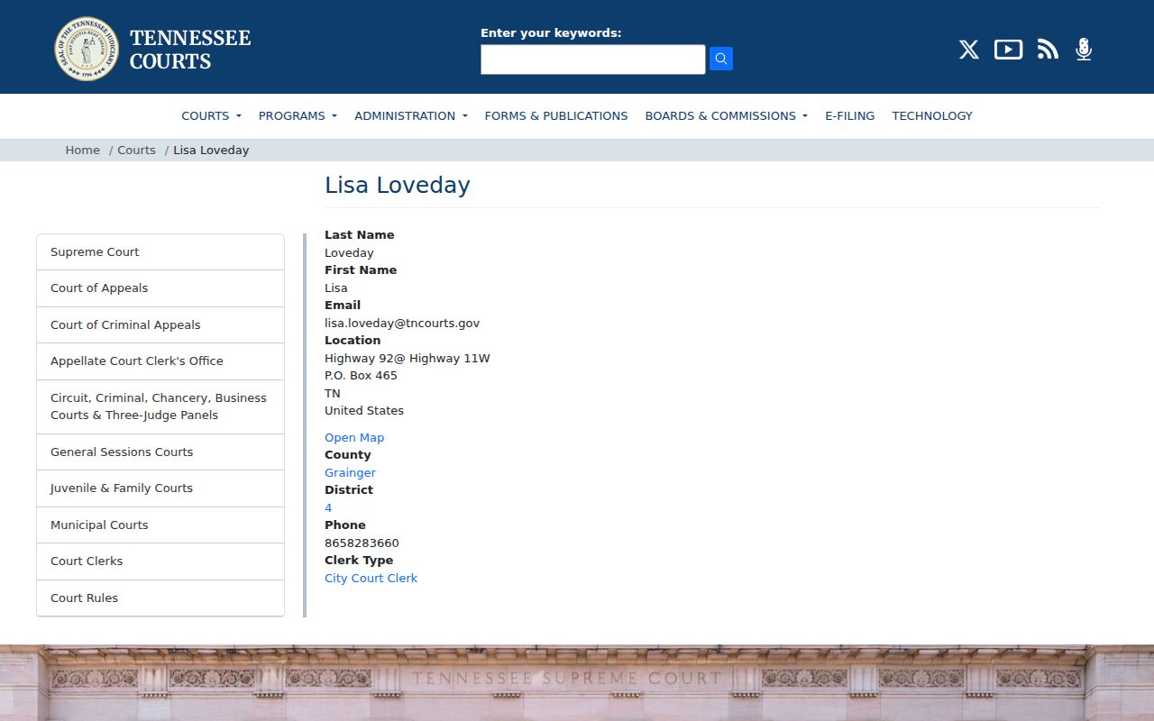 Rutledge court records Lisa Loveday clerk profile